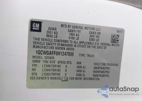 2017 Chevrolet Express 2500 Work Van z USA, uszkodzony, nr VIN 1GCWGAFF8H1247800